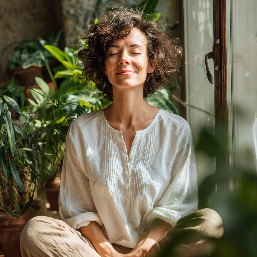 Усміхнена європейська жінка середнього віку тримає тарілку зі свіжими овочами та фруктами, демонструючи здорове харчування