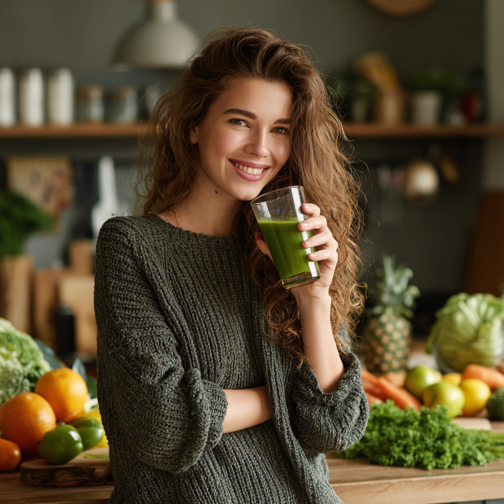 Усміхнений європейський чоловік середнього віку з здоровою шкірою тримає склянку зеленого соку та свіжі овочі, демонструючи здоровий спосіб життя